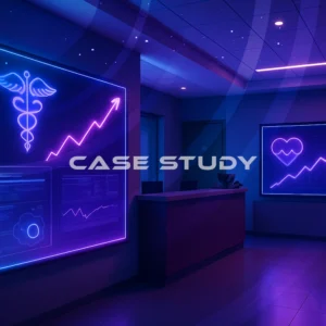 A futuristic medical clinic with neon-lit digital graphs showing patient growth, symbolizing technological healthcare marketing success in 2025.