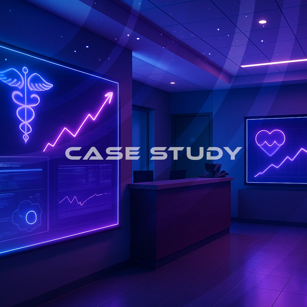 A futuristic medical clinic with neon-lit digital graphs showing patient growth, symbolizing technological healthcare marketing success in 2025.