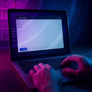Hands typing a cold email on a laptop keyboard under purple and blue neon lighting, symbolizing modern B2B outreach strategies in 2025.