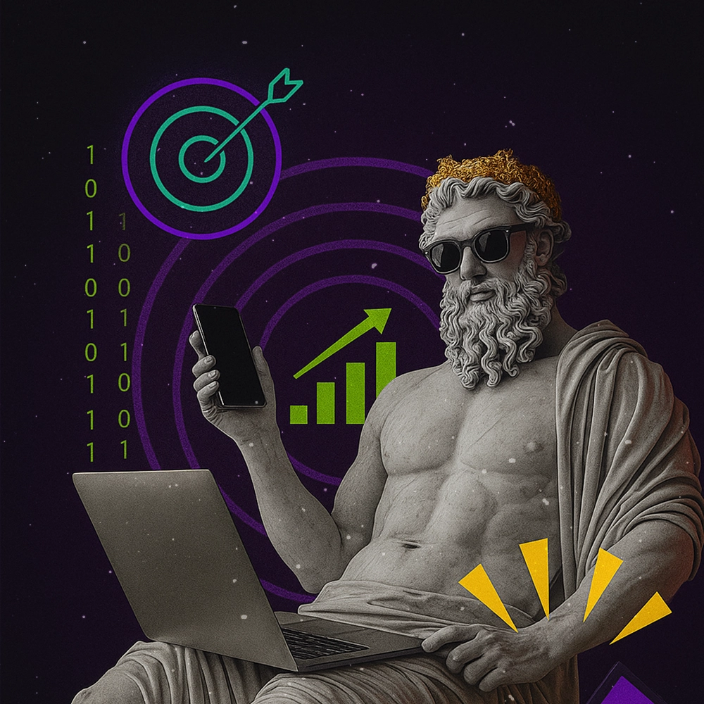 Greek statue with laptop and phone symbolizing performance marketing.