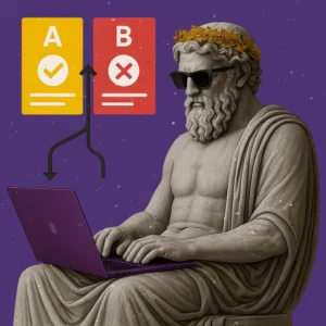 A classical statue conducting an A/B test on a laptop, with creative visual elements symbolizing decision-making and digital experimentation.