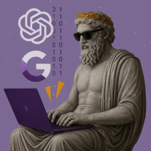 Illustration of a founder using a ChatGPT SEO strategy to grow website traffic with AI tools by Digital Pulse Agency