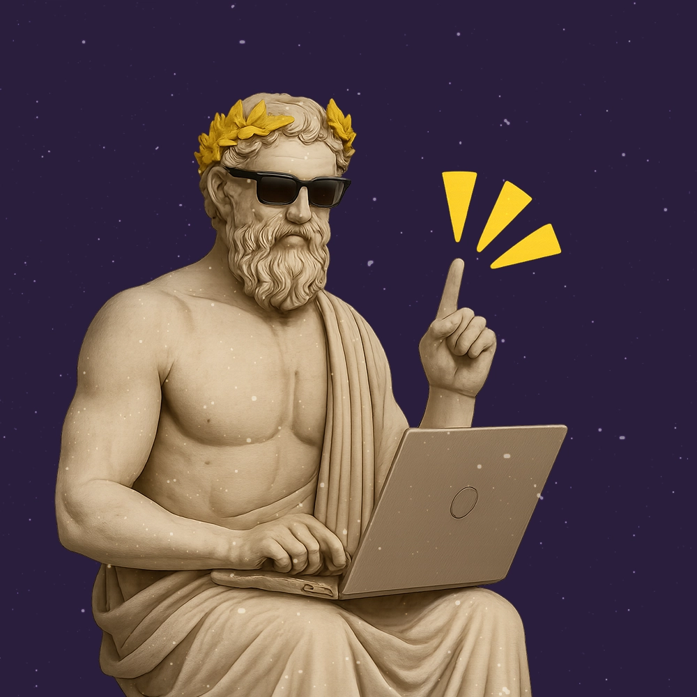 Greek statue wearing sunglasses and a laurel crown, pointing upward with one hand while using a laptop, symbolizing AI content strategy tips and modern digital insight.